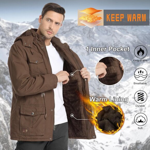Mens Brown Thick Winter Jacket Hooded Fleece Lined Cotton Military Coat - Picture 2 of 7